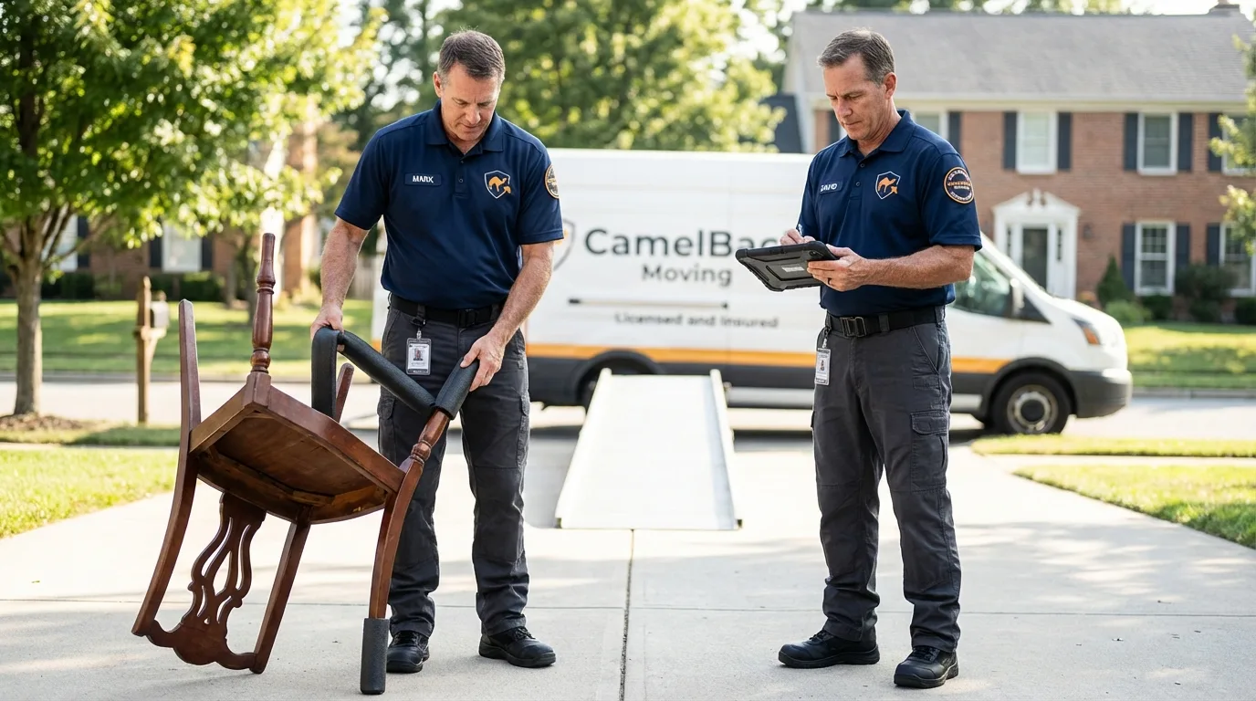 Movers inspecting furniture for damage prevention before loading in Pomeroy, WA
