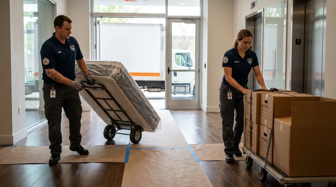 Professional apartment movers loading elevator in Pomeroy, WA